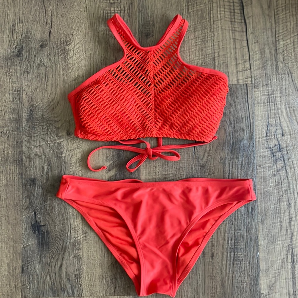 Bright Orange crochet high neck bikini top with matching back runch bottoms MED